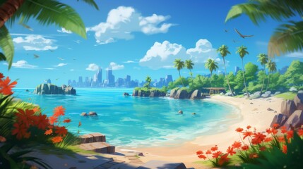 A tropical beach adorned with lush greenery and vibrant flowers, with a city skyline visible on the horizon, representing the blend of nature and urban life, a perfect escape.