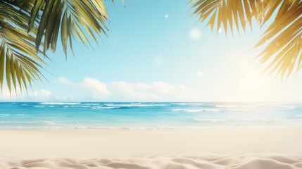 Picturesque beach scene with pristine sand and gentle waves under a clear blue sky, framed by palm leaves, perfect for a relaxing tropical escape.