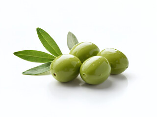 Obraz premium Green olives with fresh leaves on white background