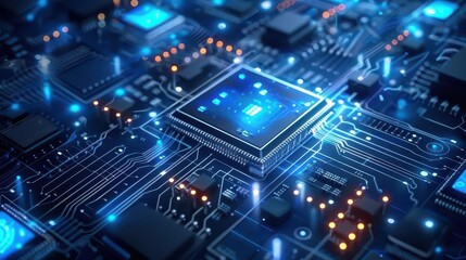 Fototapeta premium powerful computer processor chip with artificial intelligence text high tech concept illustration