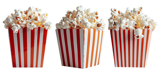 Fototapeta premium Red white striped paper boxes filled with popcorn, isolated on transparent background.