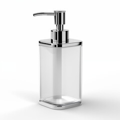 Obraz premium Transparent square plastic soap dispenser bottle with a silver metal pump