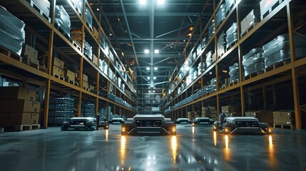 Obraz premium Automated Warehouse With Autonomous Vehicles