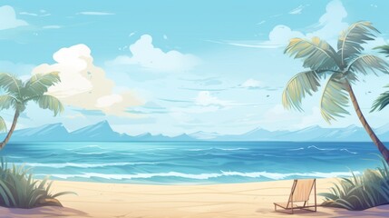 Fototapeta premium A beautiful beach scene featuring palm trees and a single chair near the waves, capturing the essence of a tropical paradise under a clear blue sky. A perfect day outdoors.