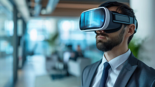 Businessman using virtual reality headset, exploring digital world in modern office setting. High-tech innovation and immersive experience.