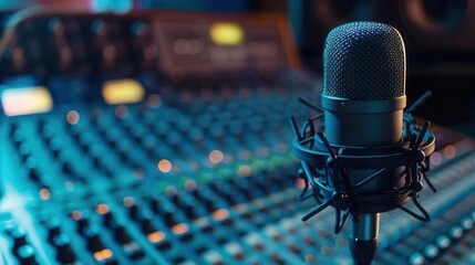 professional condenser microphone in recording studio with blurred audio mixer background music concept