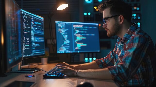 professional it specialist using devices for computer network maintenance and writing code technology collage