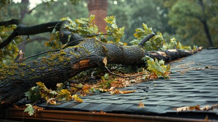 Fallen tree branch on a house roof after a storm, causing damage and creating a hazardous situation with debris scattered around.
