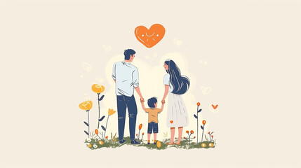 Family of Three Holding Hands in Cartoon Style with Heart