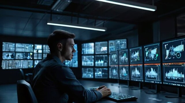 A man is sitting in a dark room with many computer screens in front of him. He is wearing a dark suit and tie and has a serious expression on his face.