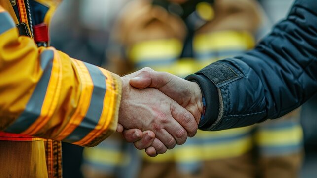 Close-up of a handshake between a firefighter and another person, symbolizing teamwork, gratitude, and support in emergency situations.
