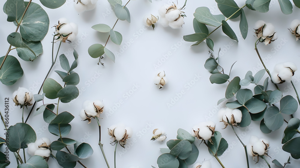 Poster flowers composition frame made of fresh eucalyptus branches and cotton flowers flat lay top view cop