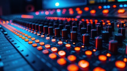 Close-up of a vibrant, modern audio mixing console with glowing LED lights in a recording studio setting.
