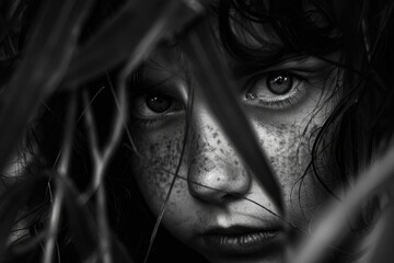 Fototapeta premium A woman with a pockmarked face is hiding behind a bush