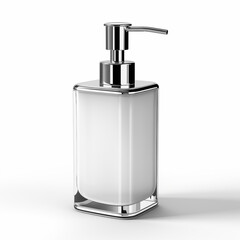Obraz premium 3D rendering of a white and silver soap dispenser isolated on a white background