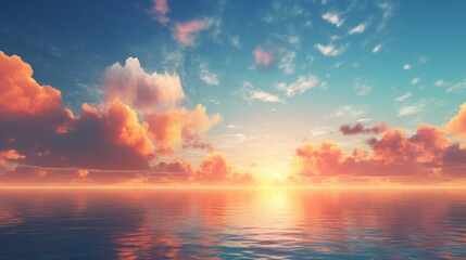 Fototapeta premium A tranquil ocean scene at sunrise with colorful clouds reflecting off the calm water, capturing the serenity and beauty of the morning light illuminating the horizon.