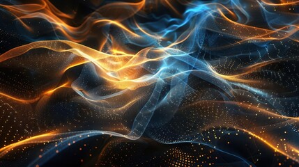 Naklejka premium quantum neural network dark amber and skyblue brain technology wavetracing 3d illustration