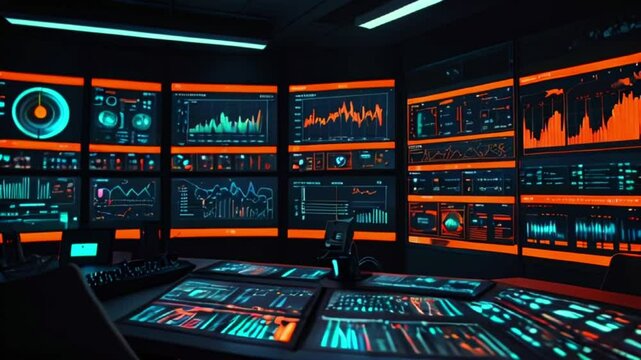 A futuristic control room with multiple screens displaying graphs, charts, and data.