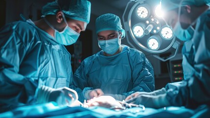 Experienced surgeons performing a complex surgery in a sterile operating room with advanced medical equipment and surgical lights.