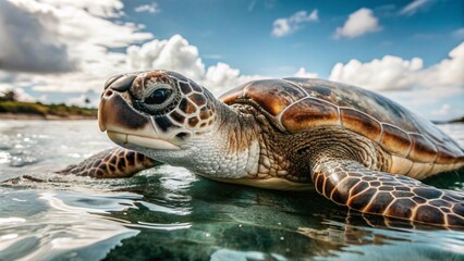 Generative ai. sea turtle, underwater, clear water, detailed texture, vibrant colors, natural habitat, sunlight rays, aquatic life, marine environment, swimming turtle, ocean scene
