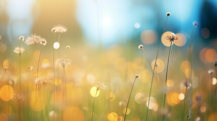 Obraz premium A detailed view of flowers in a colorful field, enhanced by the presence of glowing bokeh lights that add a magical and surreal touch to this captivating natural scene.