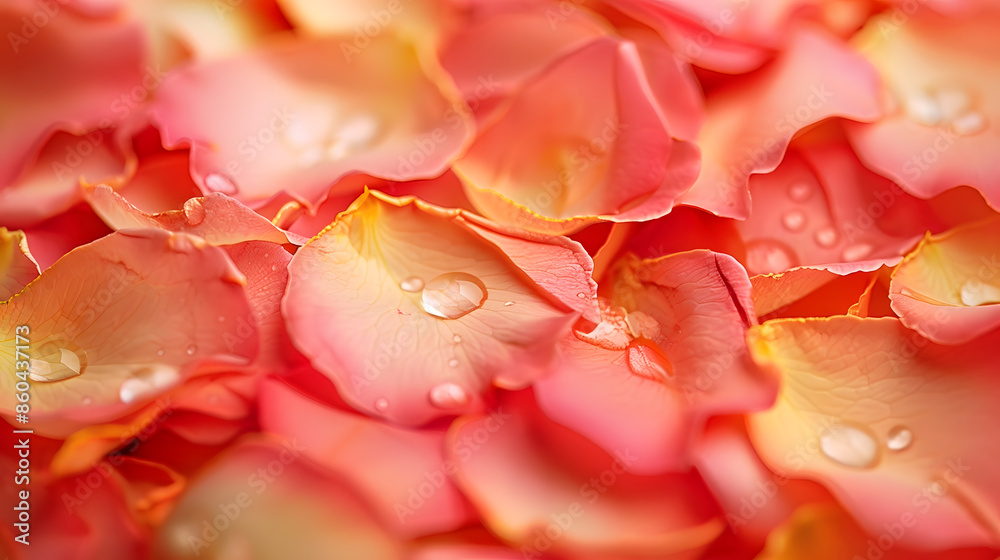 Aufkleber Greeting card with beautiful rose petals macro with drop floating on surface of the water close up It can be used as backgroundFlat lay top view copy space concept : Generative AI