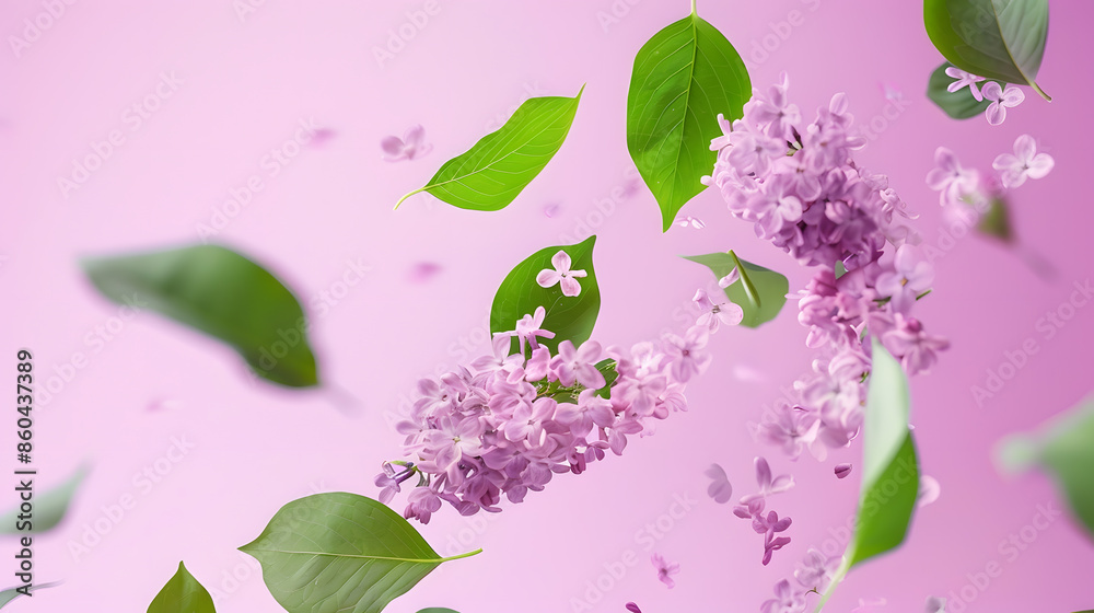 Poster Fresh lilac beautiful green leaves falling in the air isolated on pink background Zero gravity or levitation spring flowers conception high resolution image : Generative AI