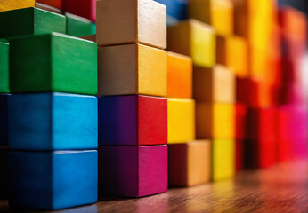 Colorful wooden blocks stacked in a row on a wooden table
