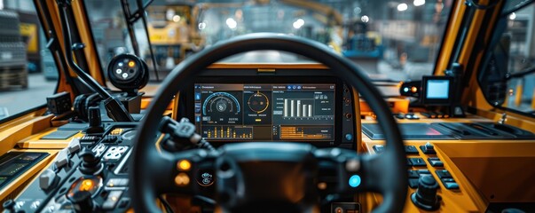 Modern construction vehicle dashboard with advanced digital monitors and control systems in a busy industrial setting.