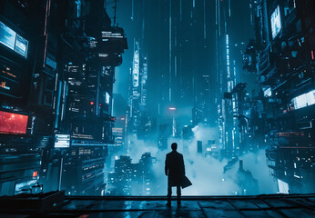 A silhouette of a person standing on a rooftop in a futuristic city