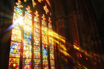 A stained glass window with a sun shining through it