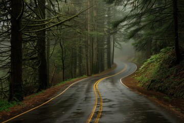 Fototapeta premium A road with trees on both sides and a yellow line