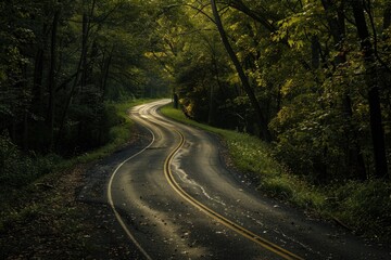 Fototapeta premium A winding road in a forest with trees on both sides