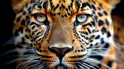 Obraz premium A striking close-up of a leopard's fierce countenance reveals piercing yellow eyes, intricate black and brown fur patterns, a delicate pink nose, and prominent white whiskers.