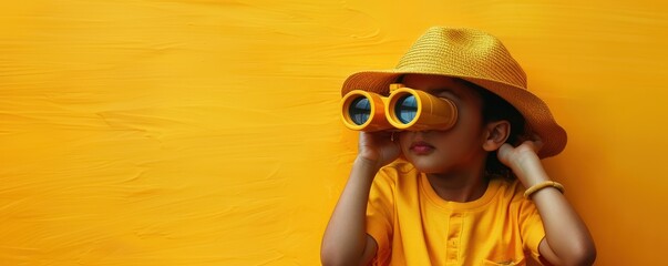 Child wearing a yellow hat and using binoculars against a yellow background, exploring or searching concept.