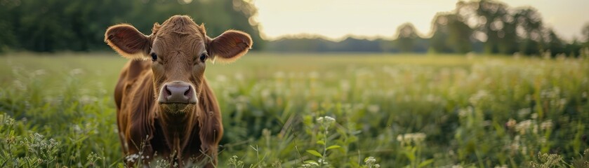 A young brown calf stands attentively in a lush green field, surrounded by wildflowers under a clear sky. Perfect for nature and farming themes.