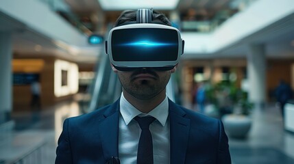 Businessman wearing VR headset, exploring virtual reality in a modern office environment for futuristic technology and innovation.
