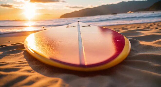surfboard on the beach at sunset