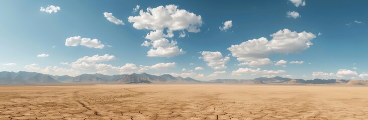 Panoramic View of a Vast Desert with Mountains and Blue Sky