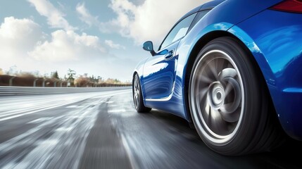 Fototapeta premium rear view of blue sports car speeding through highway turn motion blur