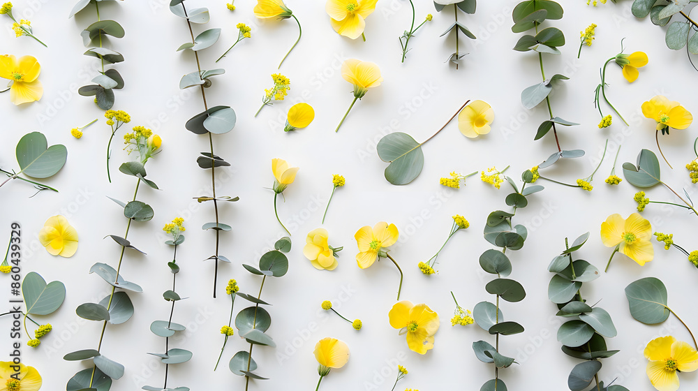 Poster Flowers composition Pattern made of yellow flowers and eucalyptus branches on white background Flat lay top view copy space : Generative AI