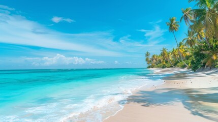 Fototapeta premium A pristine tropical beach set against a backdrop of turquoise ocean waves gently washing ashore. Palm trees sway under the clear, sunny sky, inviting relaxation and peace.