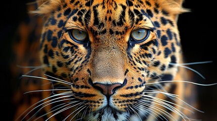 Obraz premium A stunning close-up of a leopard's face, with its piercing green eyes, and black fur.