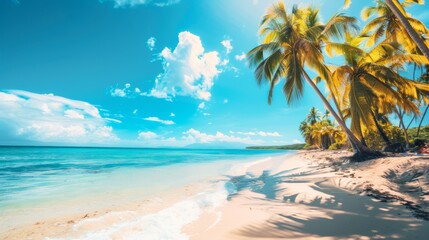 Fototapeta premium An idyllic tropical beach scene showcasing lush palm trees, soft sandy shore, and the inviting clear waters of the ocean, all under the embrace of a bright blue sky and sunshine.