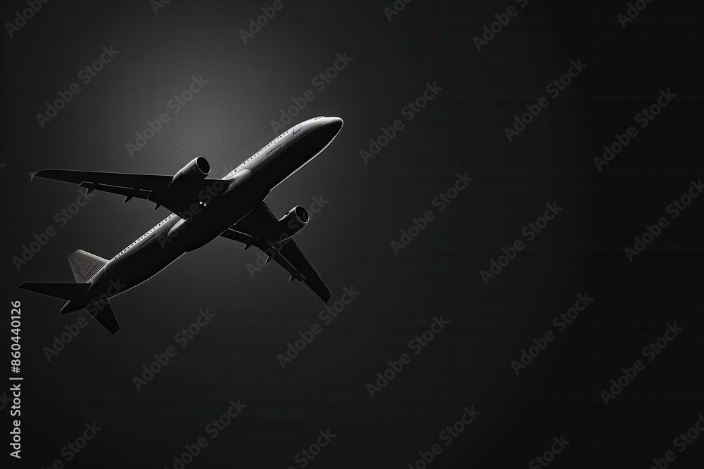 Poster a minimalist silhouette of an airplane in flight against a dark sky. this image is perfect for airli