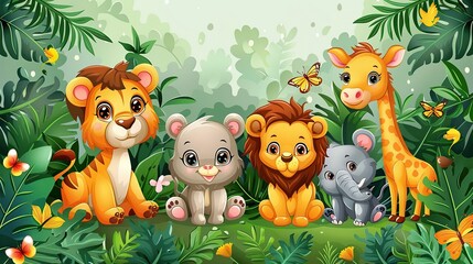 Cute cartoon animals in the jungle.