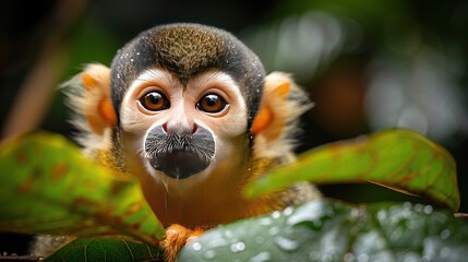 Obraz premium A squirrel monkey with big brown eyes stares curiously at the camera from a lush green rainforest canopy.