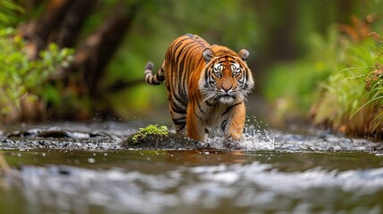 A tiger stalks through the water, its powerful muscles rippling beneath its sleek coat.