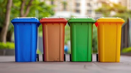 Four trash cans are lined up on the sidewalk, each with a different color