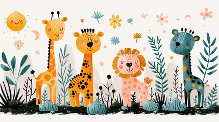 Naklejka premium Cute cartoon animals including a lion, giraffes, and flowers. Perfect for children's book illustrations, nursery wall art, and more.